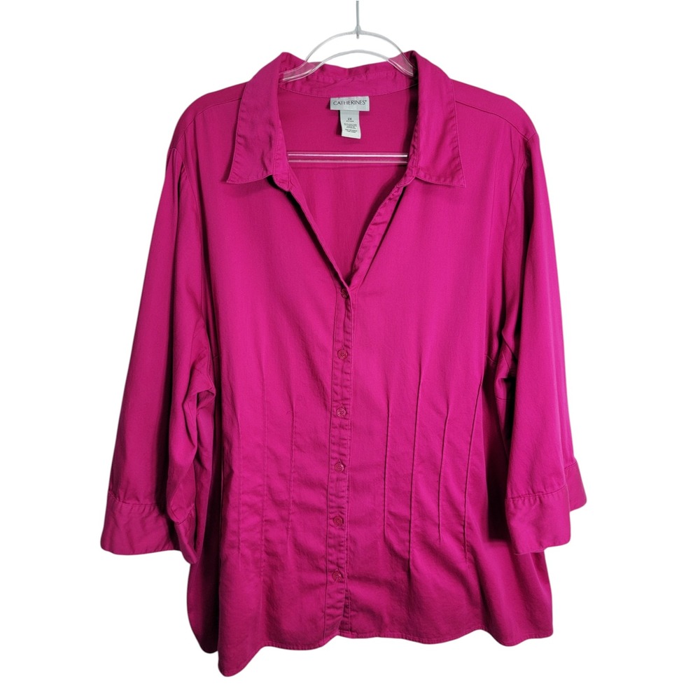 Catherines Women 2X Button Down Shirt Magenta Pink Pintuck 3/4 Sleeve Plus Size